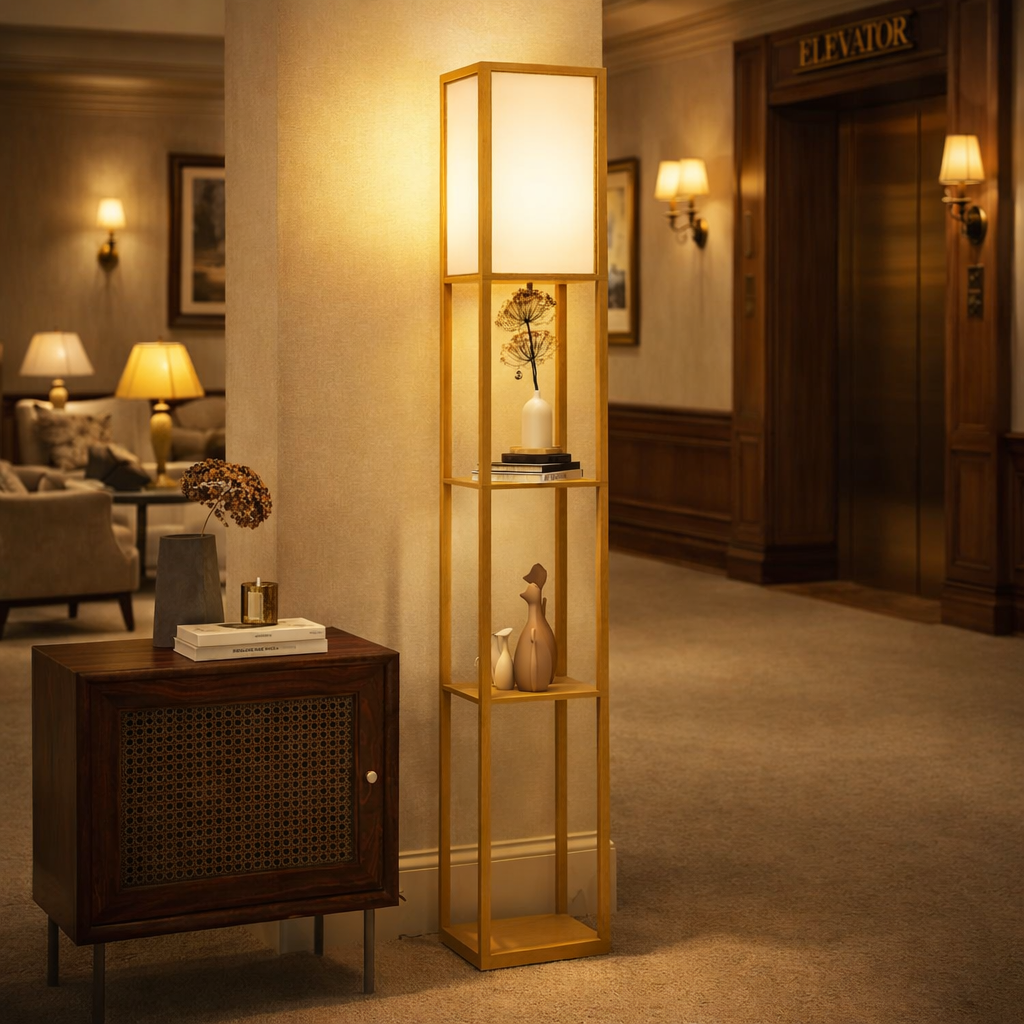Lampadaire en Bois avec Étagère de Rangement