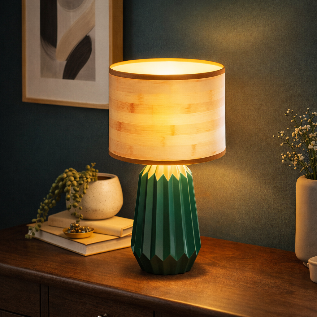 Lampe de Table avec Base Céramique en Bois