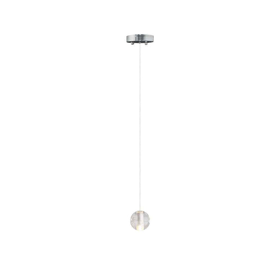 Suspension minimaliste à boule en cristal sur un long câble, socle métallique rond