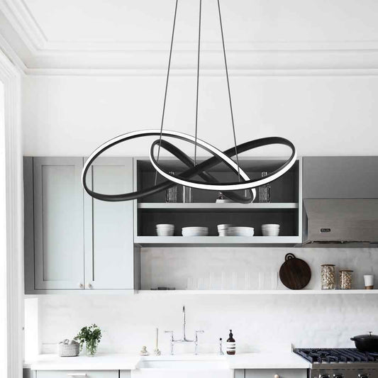 Suspension LED moderne à ruban torsadé noir, anneaux entremêlés et éclairage intégré