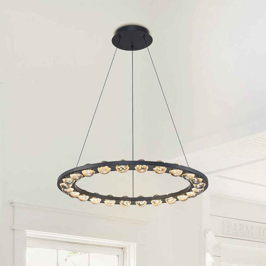 Lustre LED cercle noir, anneau en verre et métal avec rangée de coupoles lumineuses.