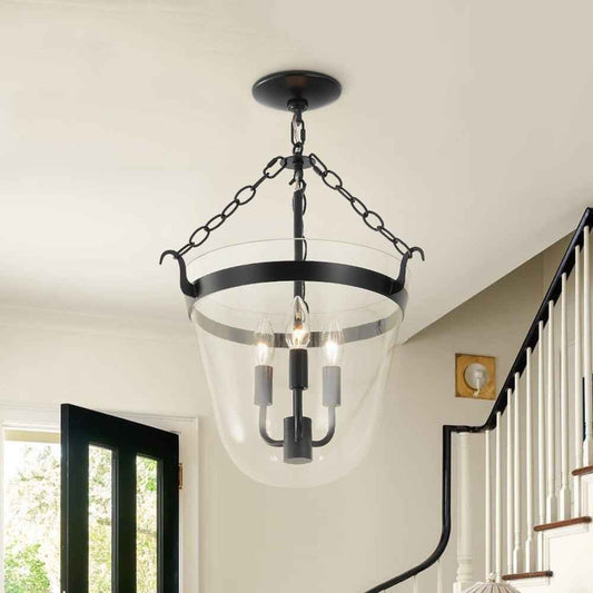 Lustre suspendu à 3 lumières en verre transparent, armature noire et chaîne décorative