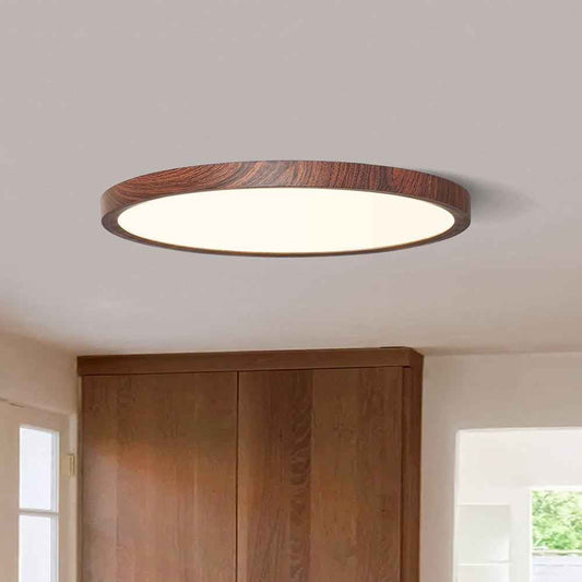 Plafonnier LED ultra-fin minimaliste au plafond, bord en bois brun et disque blanc