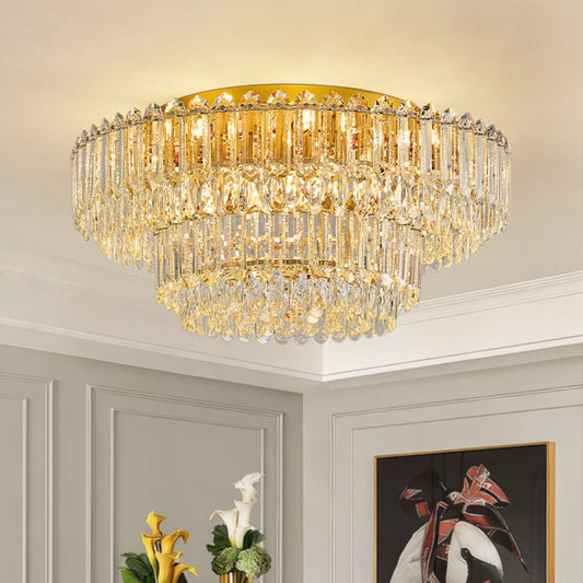 Plafonnier Deux Niveaux Cristal Verre Lustre Goutte de Pluie pour Salon