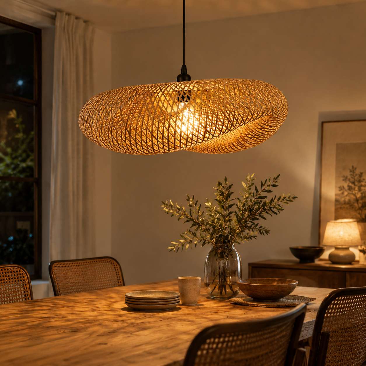 Suspension Rotin style Retro Applatie