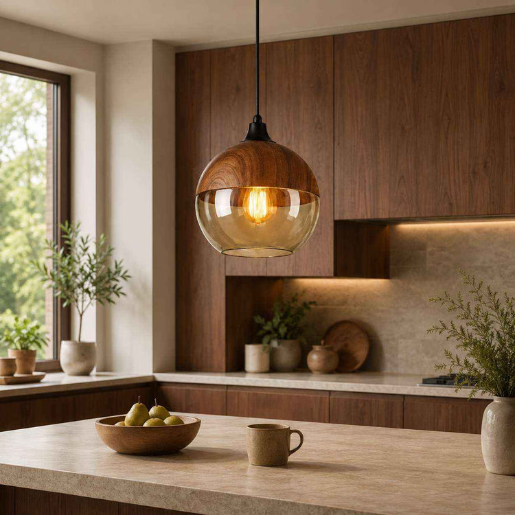 Suspension en bois et verre fumé au-dessus d’un plan, ampoule allumée