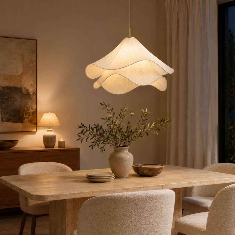 Suspension en lin à pétales ondulés, abat-jour beige lumineux, diffuseur en éventail