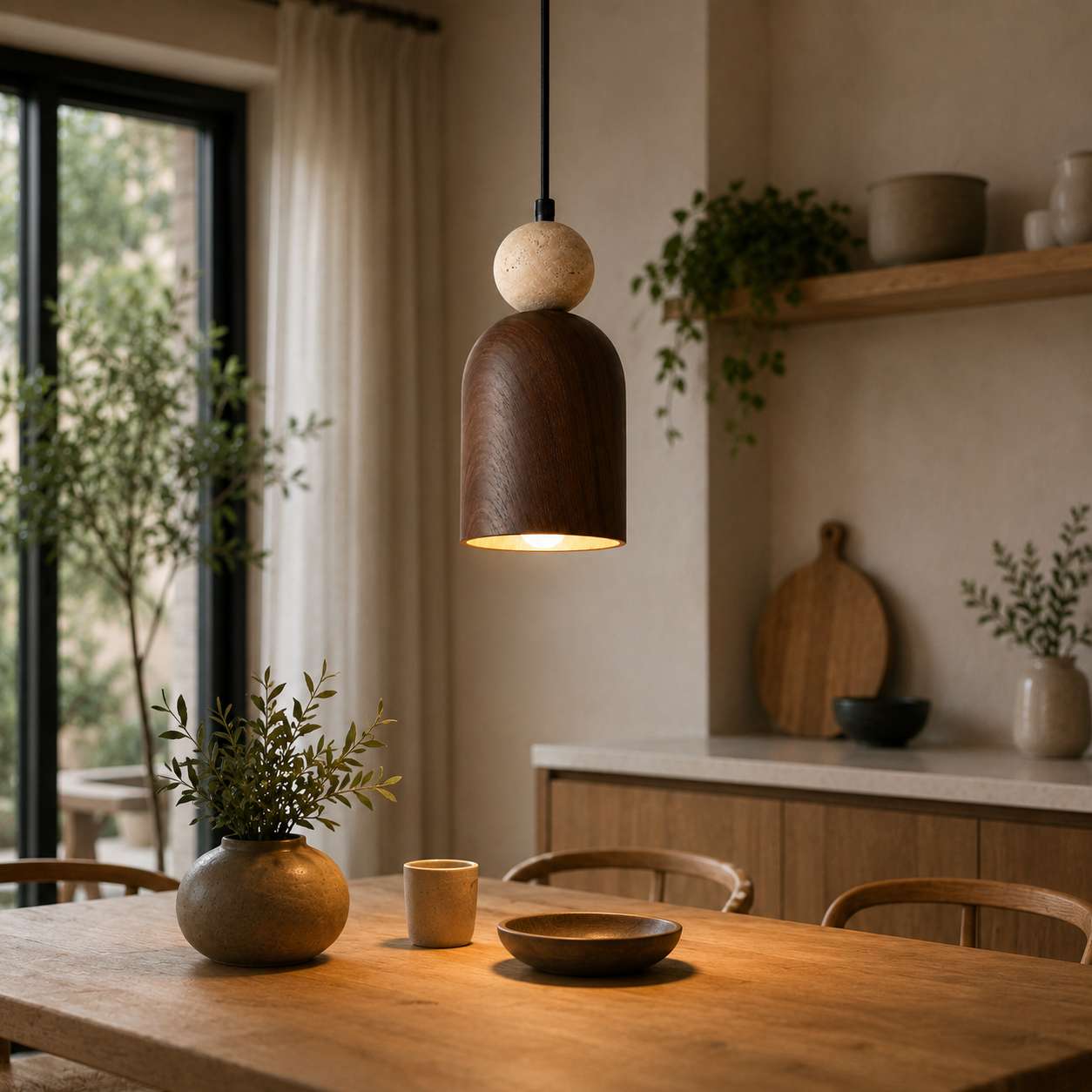 Suspension Bois et Pierre Naturel Bimatière