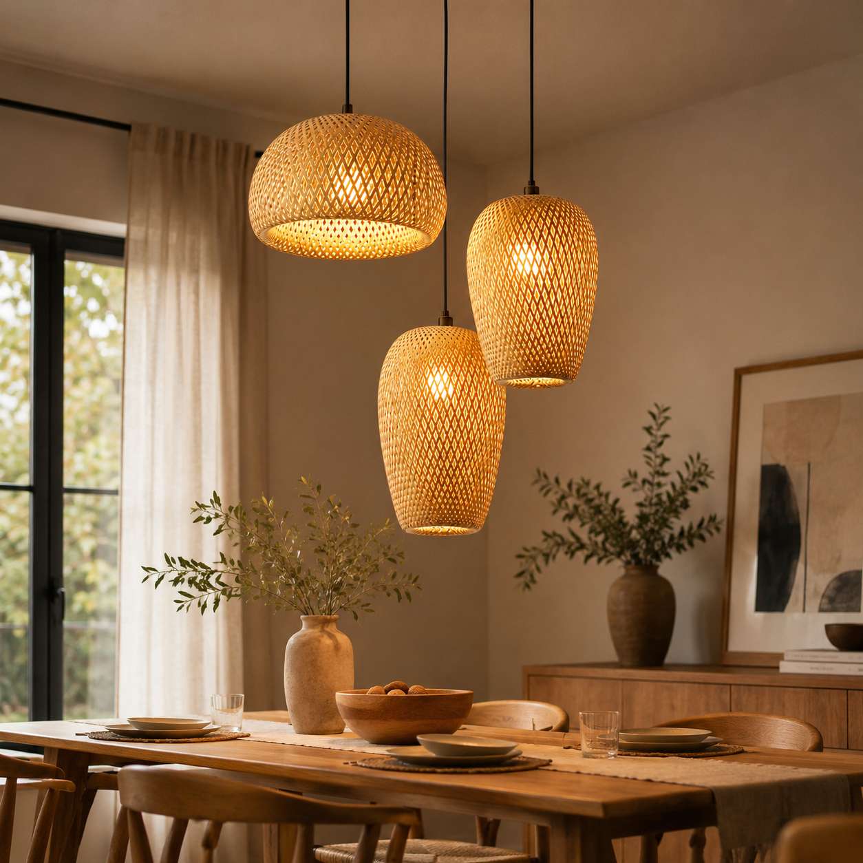 Suspension Rotin 3 en 1 Luminaire Bohème