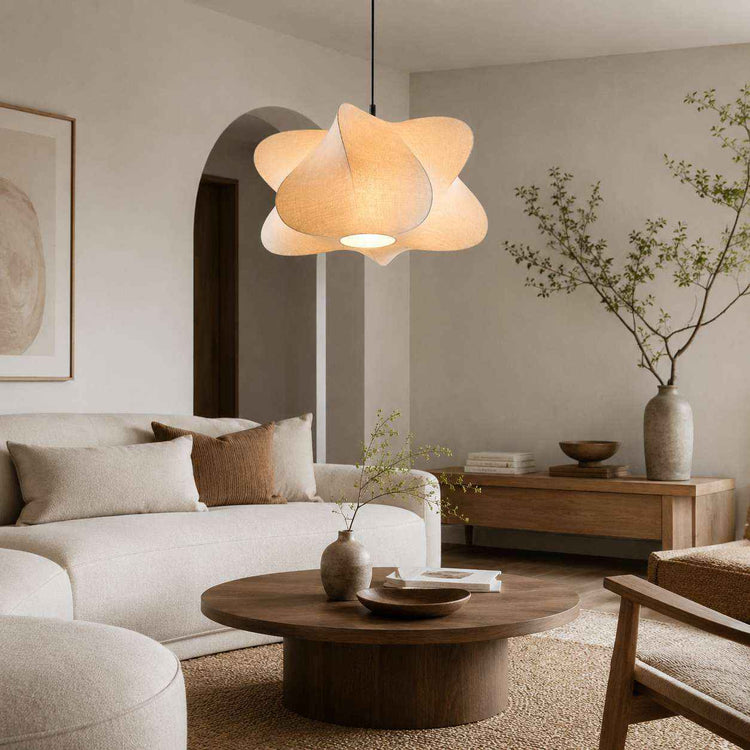 Suspension nuage en lin beige, abat-jour texturé avec diffuseur lumineux sous l’abat-jour