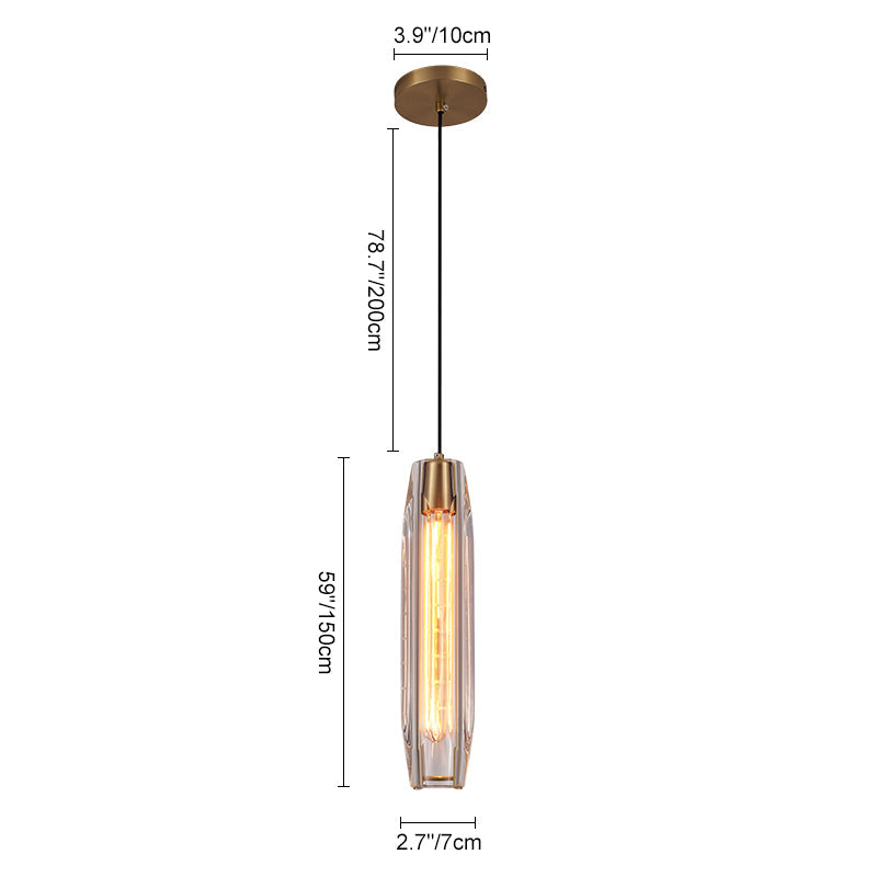 Schéma des dimensions de la suspension en cristal cylindrique, rosace et câble noir.