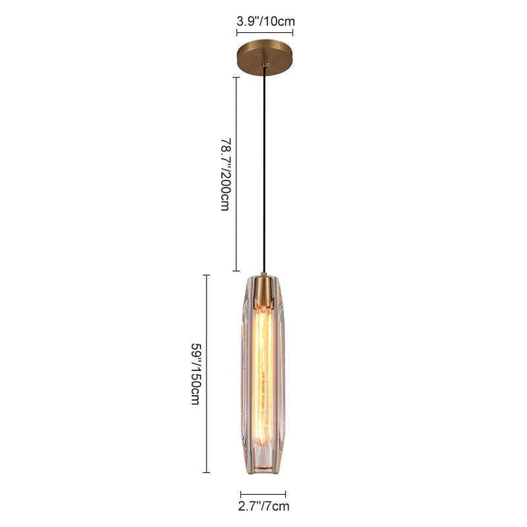Schéma des dimensions de la suspension en cristal cylindrique, rosace et câble noir.