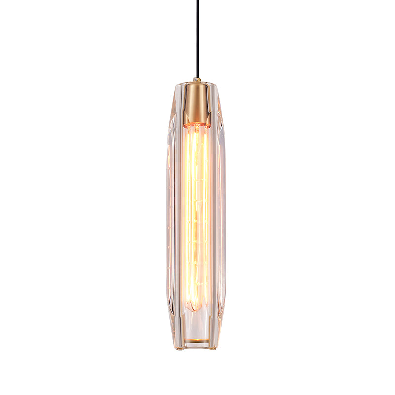 Suspension en cristal cylindrique transparent, finition laiton, câble noir.