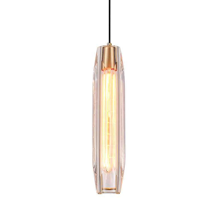 Suspension en cristal cylindrique transparent, finition laiton, câble noir.