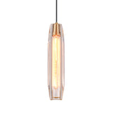 Suspension en cristal cylindrique transparent, finition laiton, câble noir.