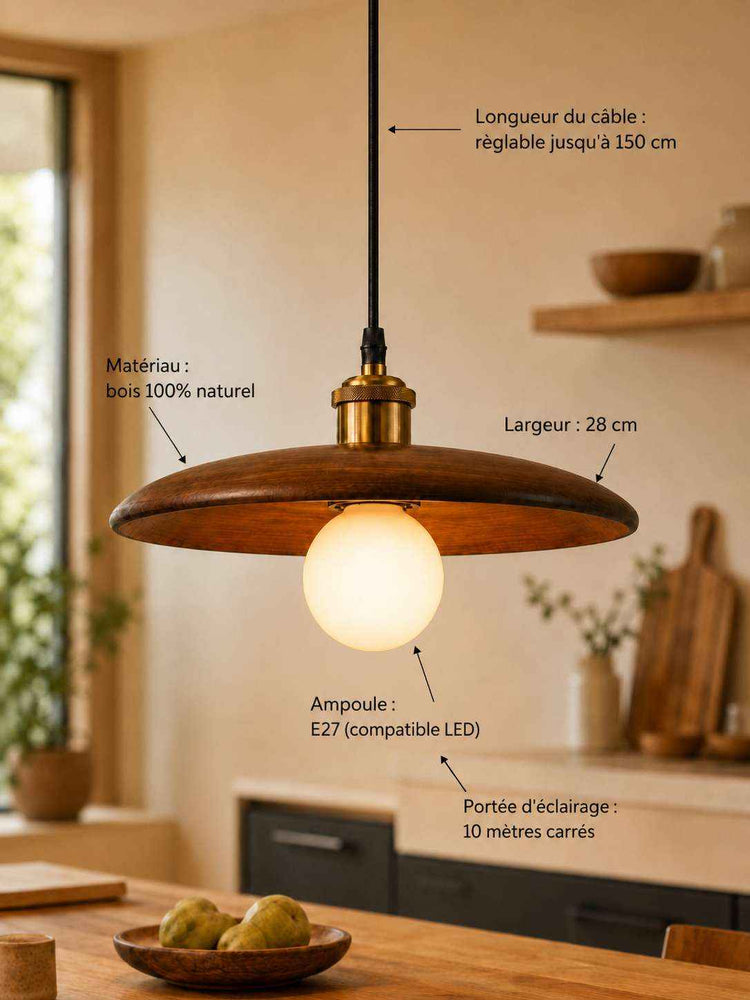 Suspension en bois 100 % naturel: abat-jour arrondi, ampoule LED E27, câble