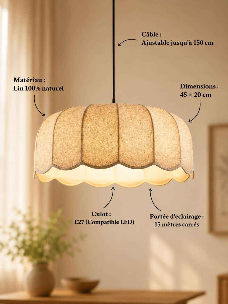 Suspension en lin crème, abat-jour bombé à bords ondulés, câble noir
