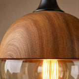 Dôme en bois clair à veinures et anneau de verre, ampoule visible