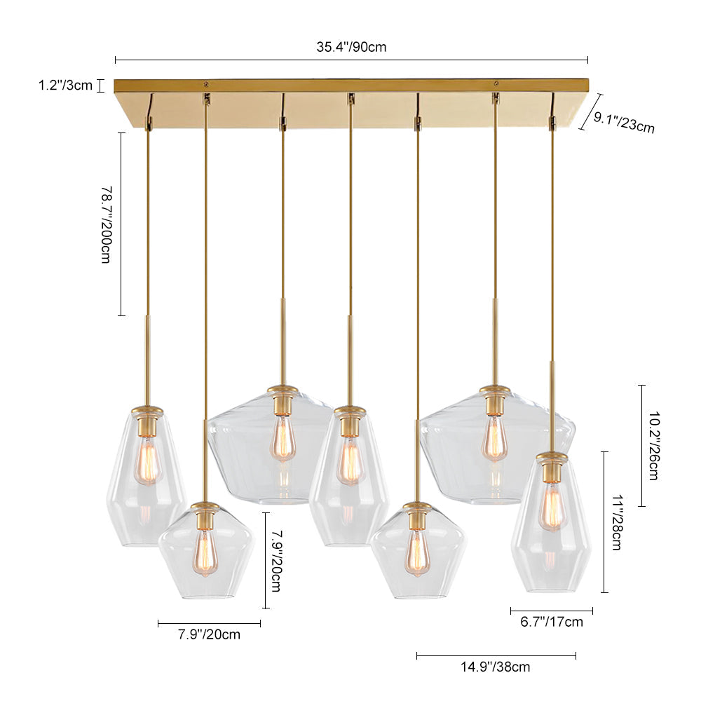 Suspension Verre 7 Lumières Grappe Transparent Géométrique pour Salle à Manger