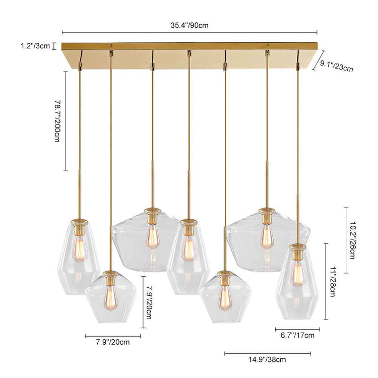 Schéma de dimensions : suspension à 7 verres géométriques transparents, tiges dorées.