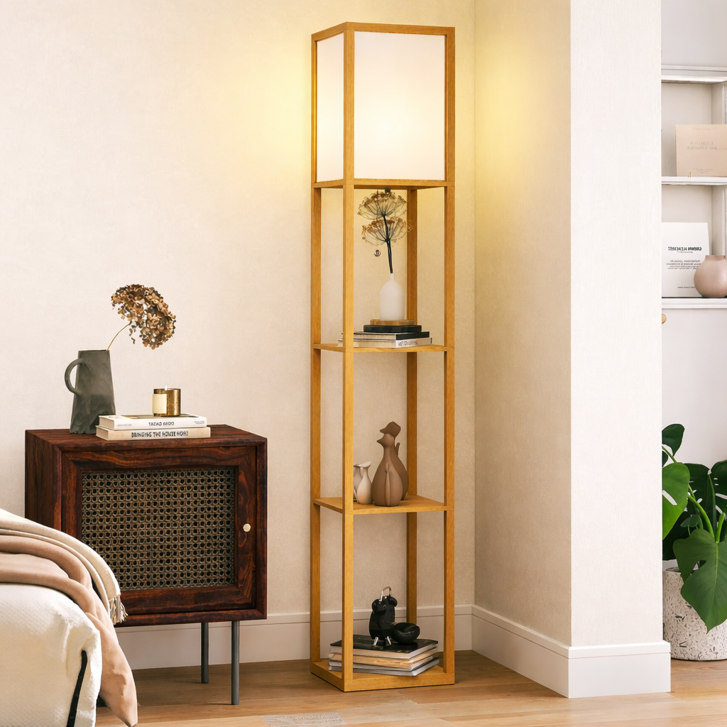 Lampadaire en Bois avec Étagère de Rangement