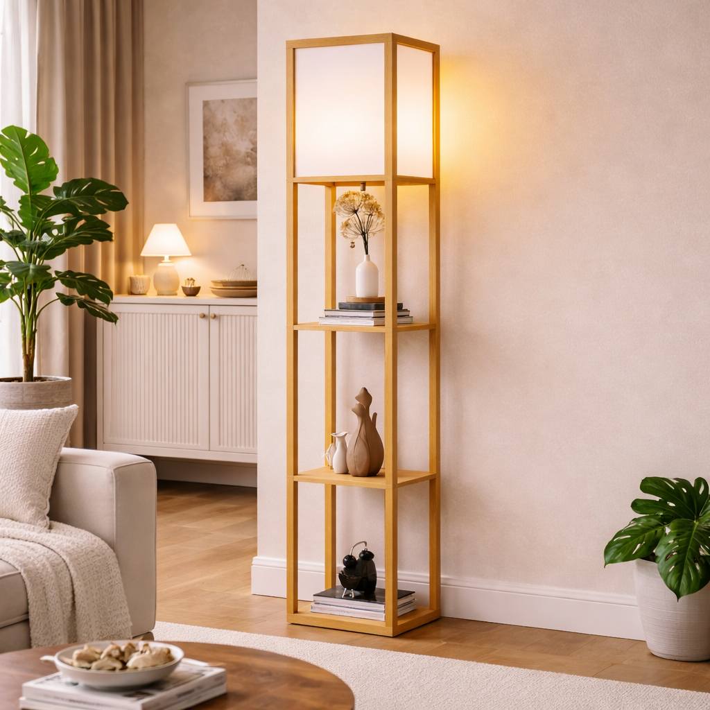 Lampadaire en Bois avec Étagère de Rangement