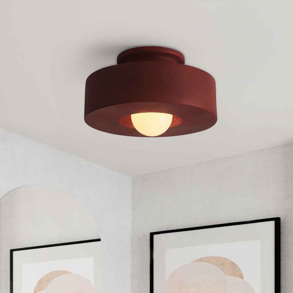 Plafonnier cylindrique en céramique rouge foncé, abat-jour géométrique