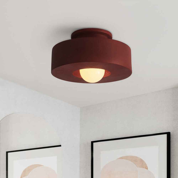 Plafonnier cylindrique en céramique rouge foncé, abat-jour géométrique
