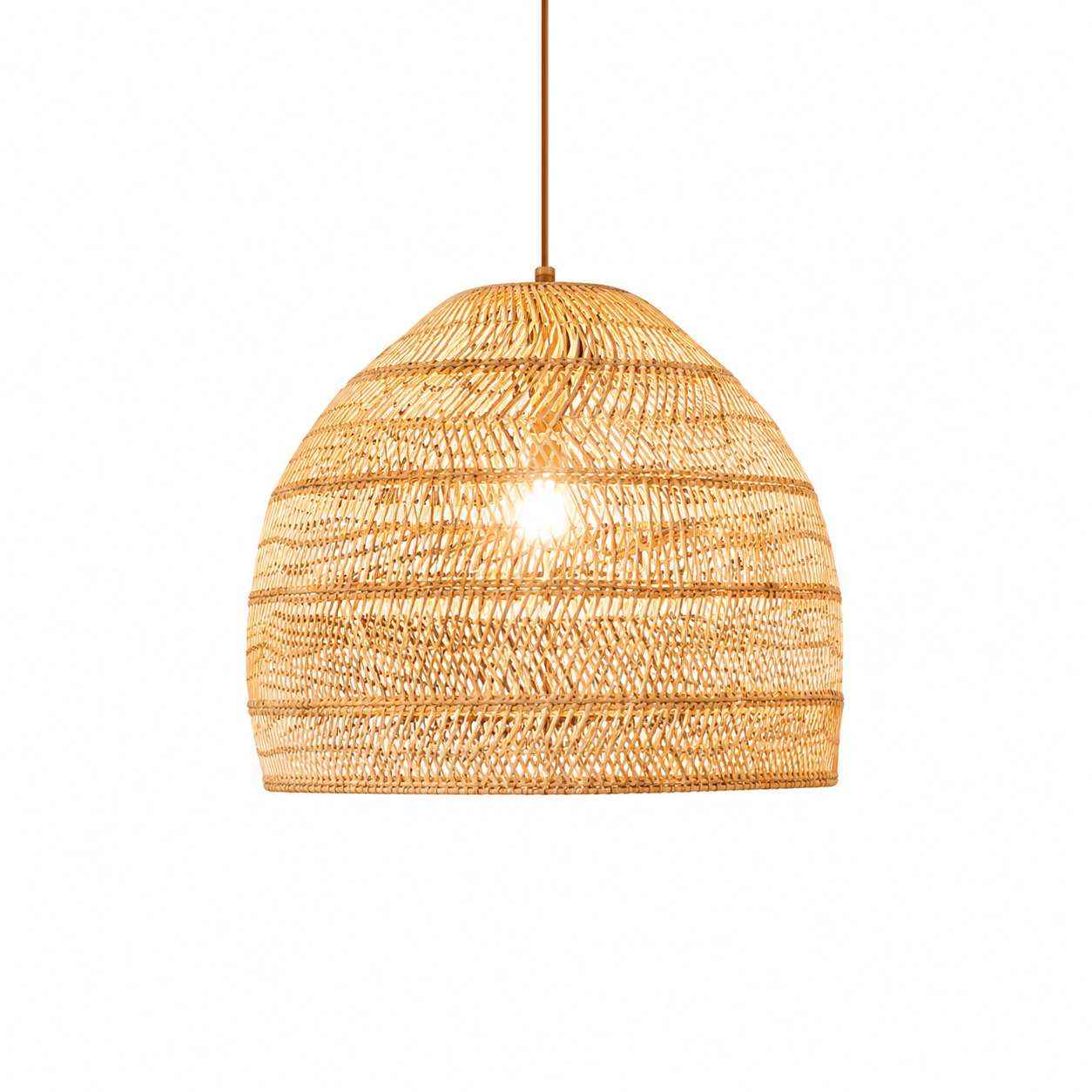 Suspension en rotin demi-sphère tressé à la main, teinte naturelle, câble de suspension