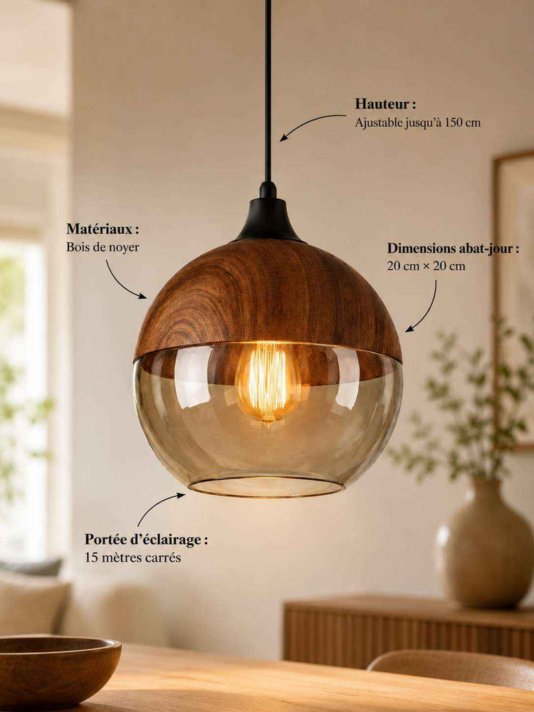 Suspension bois et verre fumé, globe rond avec ampoule visible