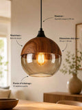 Suspension bois et verre fumé, globe rond avec ampoule visible