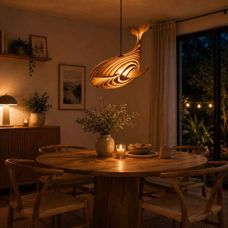 Lampe suspendue baleine en bois naturel, volutes sculptées, éclairage chaud