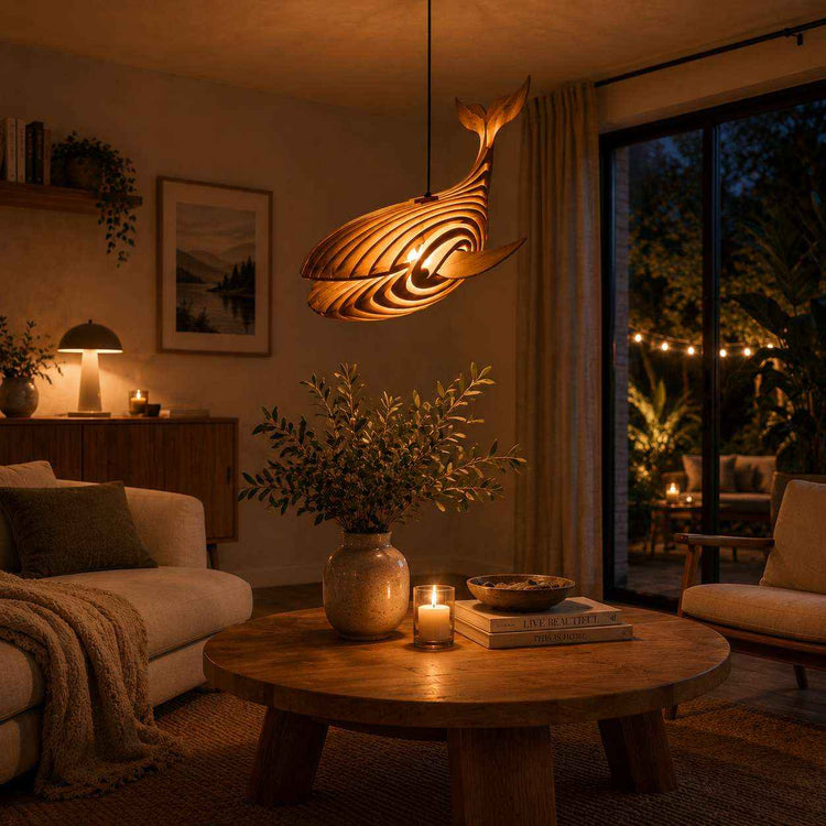 Lampe suspendue en forme de baleine en bois naturel, structure ajourée sculptée, lumière chaude