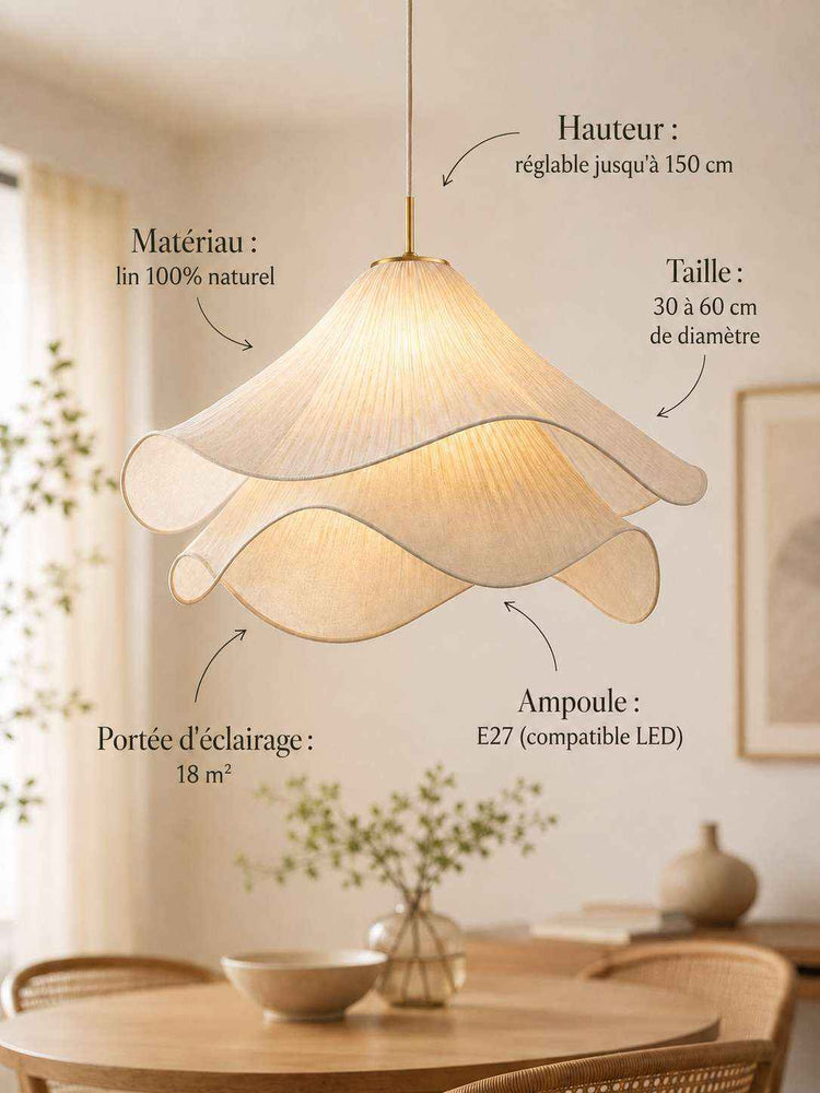 Suspension en lin à pétales ondulés, abat-jour beige au motif en éventail