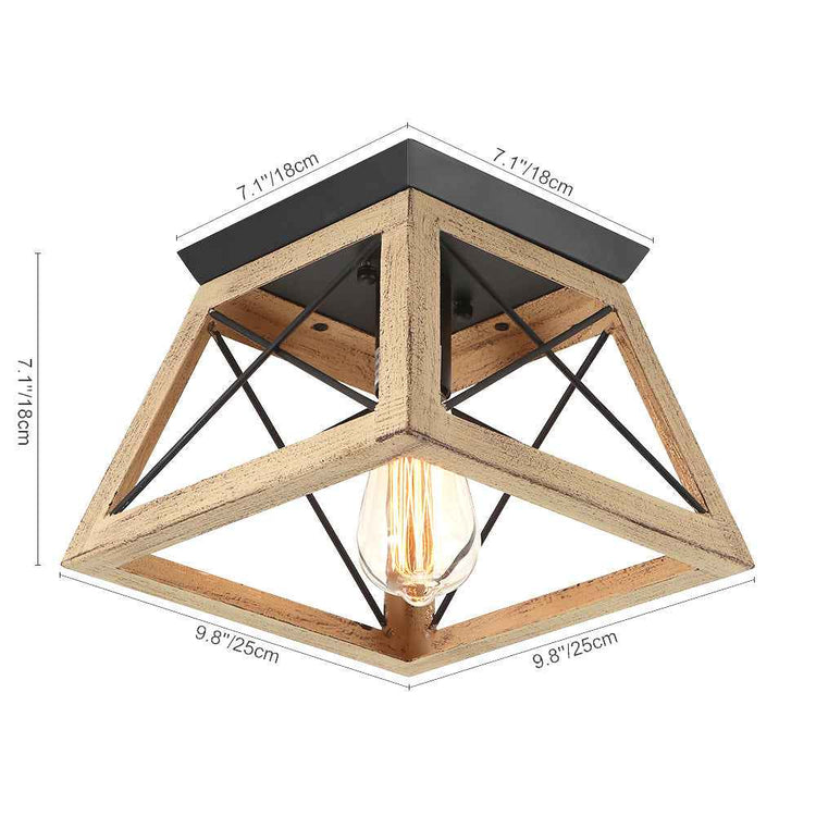 Plafonnier carré en bois clair avec cadre noir, ampoule Edison visible et abat-jour ouvert
