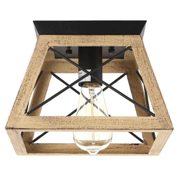 Plafonnier carré en bois clair vieilli, barres métalliques noires, ampoule visible