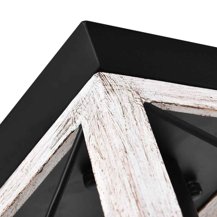 Plafonnier carré : monture noire et bois vieilli, coins en biseau, intérieur ajouré