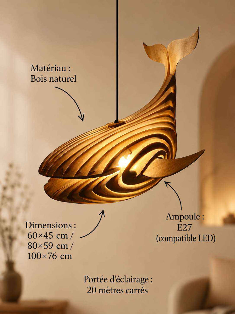 Lampe suspendue en forme de baleine en bois naturel, sculptures en lignes ondulées, lumière chaude