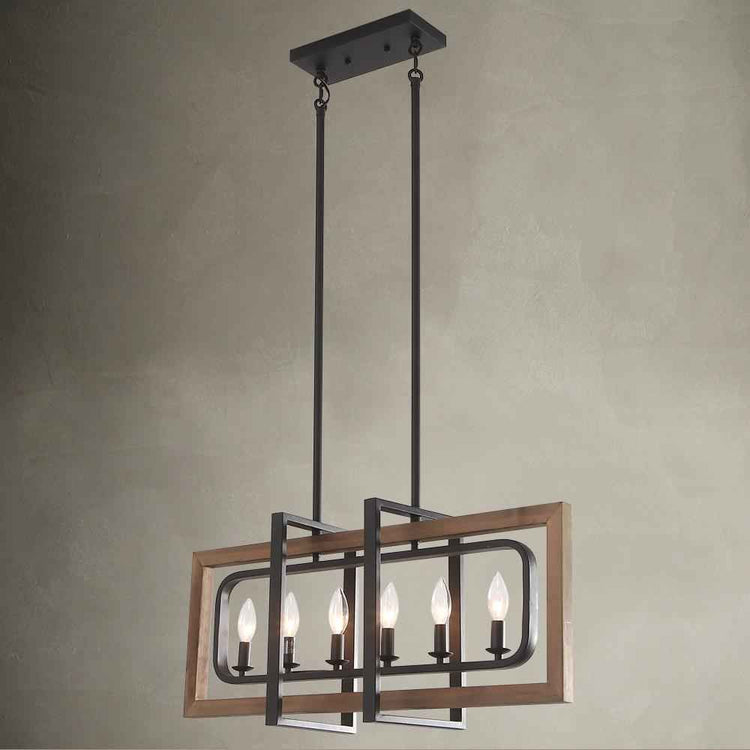 Lustre rectangulaire à 6 lumières suspendu, cadre bois et structure noire, vue de dessous