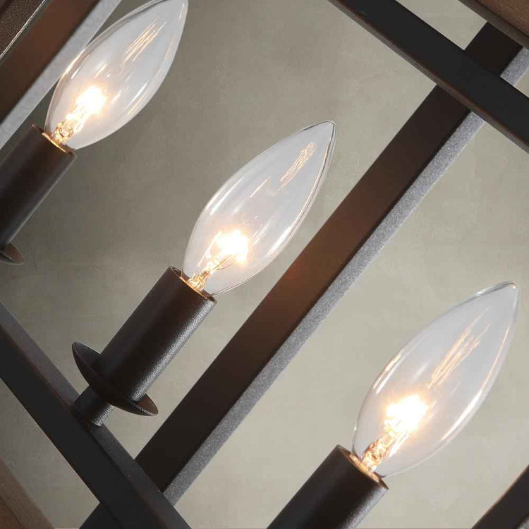Lustre rectangulaire à 6 lumières, cadre bois et structure noire, ampoules en forme de flamme