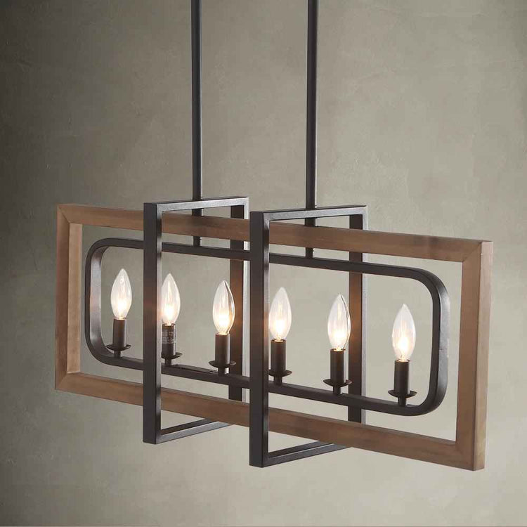Lustre rectangulaire à plusieurs lumières, cadre bois et structure noire en double cadre