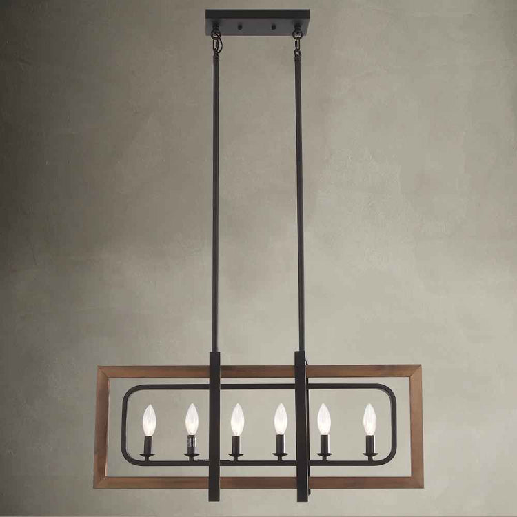 Lustre rectangulaire à 6 lumières suspendu, cadre bois clair et structure noire