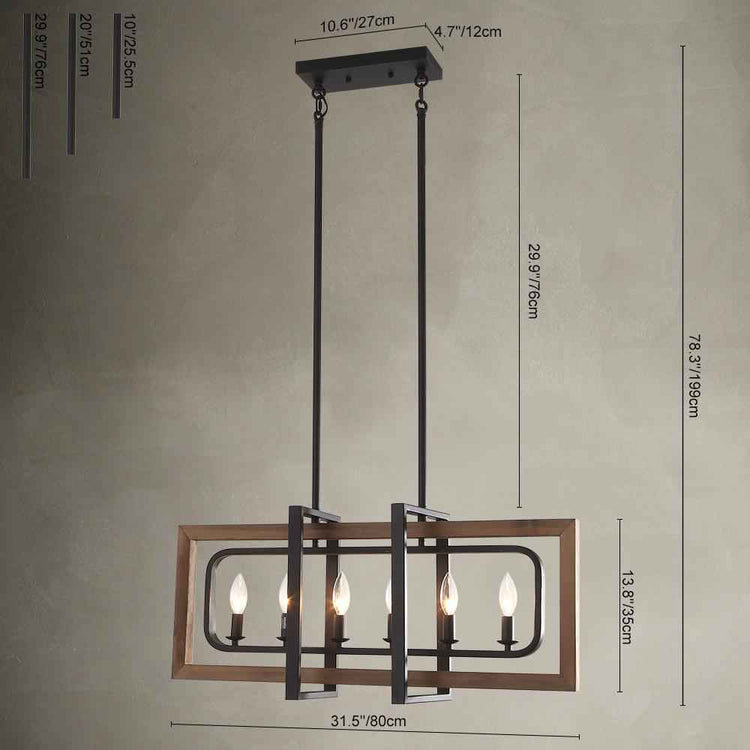 Lustre rectangulaire à 6 lumières, schéma avec mesures, cadre bois et structure noire