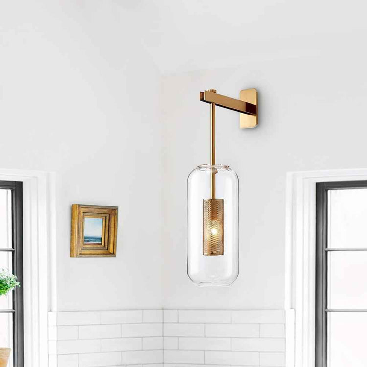 Applique murale moderne 1 lumière, monture dorée et cylindre en verre transparent