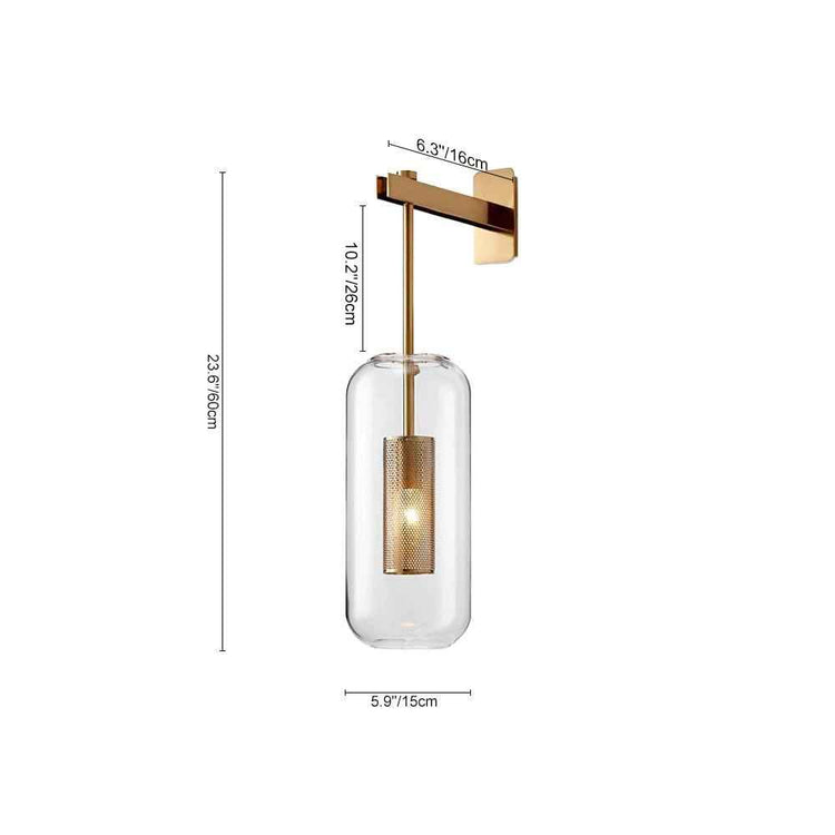 Applique murale moderne 1 lumière, monture dorée et cylindre en verre transparent, schéma