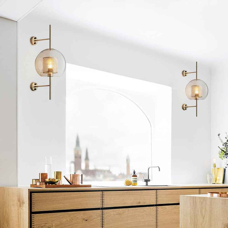 Applique murale 1 lumière : globe en verre transparent, support doré, fixation murale