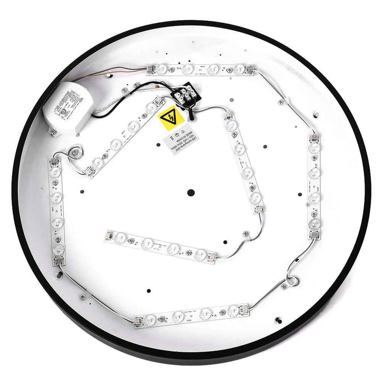Plafonnier LED circulaire moderne, face interne avec bord noir et rubans LED