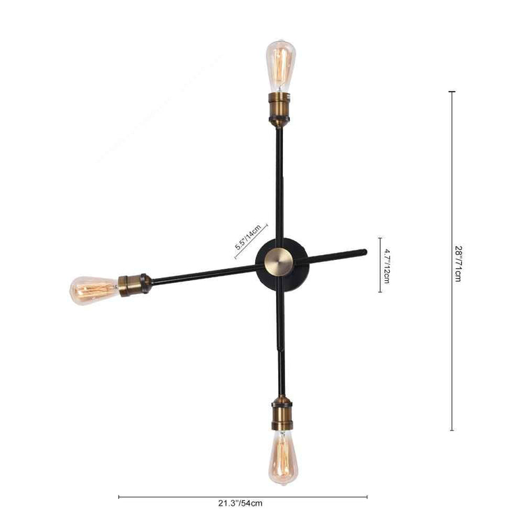 Applique murale moderne en forme de T, cadre noir et laiton, 3 ampoules transparentes