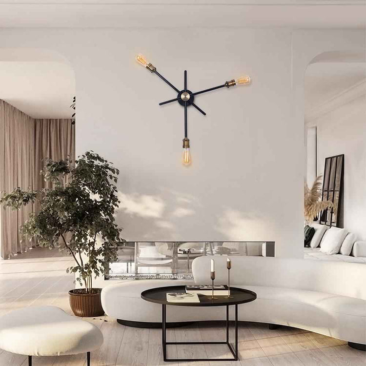 Applique murale moderne noire à 3 bras, base ronde et ampoules visibles