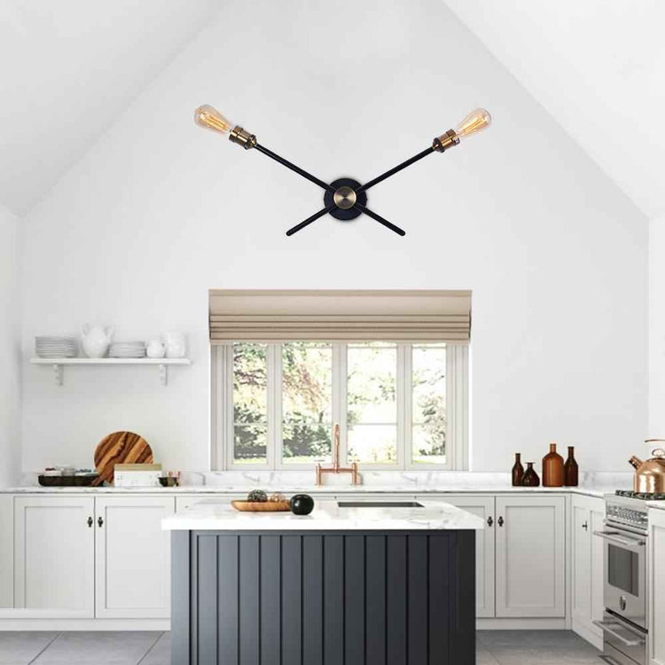 Applique murale moderne à 2 bras noirs, base ronde et ampoules visibles